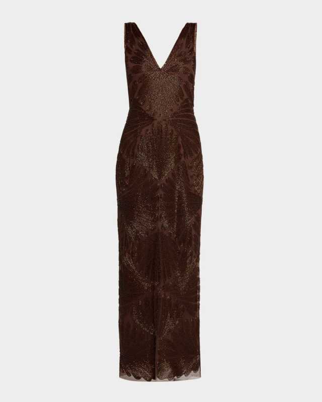 Backless Draped Beaded Column Gown